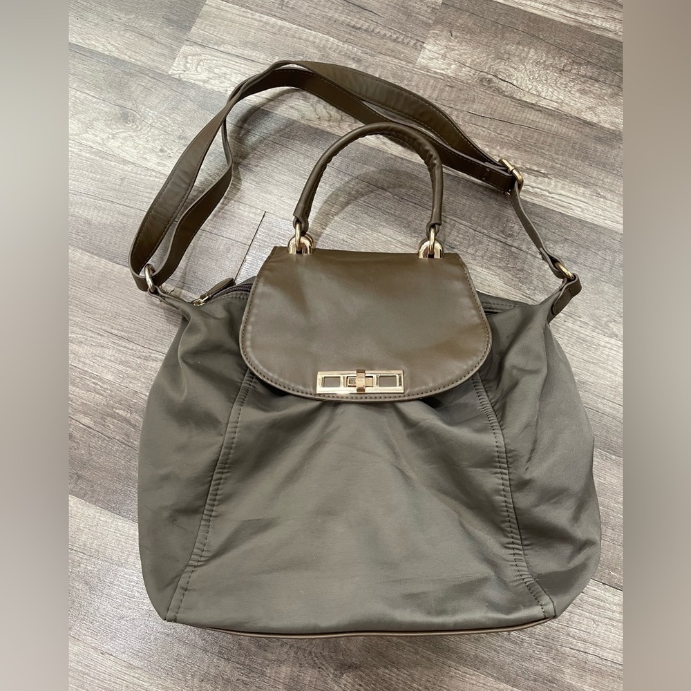 Elegant Grayish Olive Green Brown Leather Handle/Strap, Bottom/Top Backpack